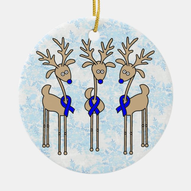Blue Ribbon Reindeer (Colon Cancer) Ceramic Tree Decoration (Front)