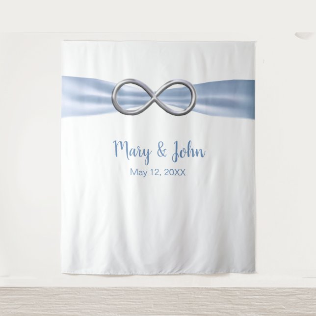 Blue Ribbon Silver Infinity Wedding Backdrop Tapestry (Front)
