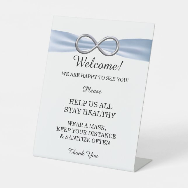 Blue Ribbon Silver Infinity Wedding Safety  Pedestal Sign (Front)