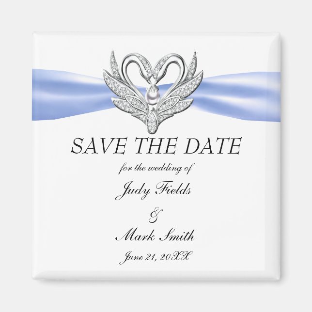 Blue Ribbon Silver Swans Save The Date Magnet (Front)