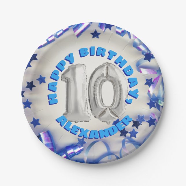 Blue Ribbon & Stars Confetti 10th Birthday Party Paper Plate (Front)