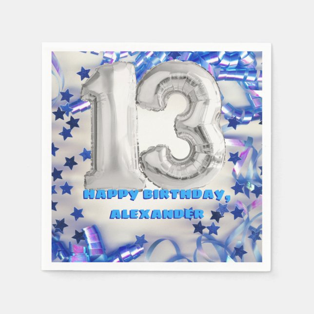 Blue Ribbon & Stars Confetti 13th Birthday Party Napkin (Front)