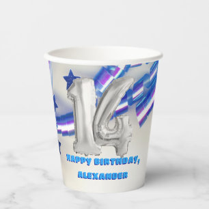 Blue Ribbon & Stars Confetti 14th Birthday Party P Paper Cups