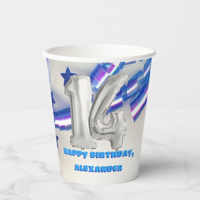 Blue Ribbon & Stars Confetti 14th Birthday Party P Paper Cups (Front)