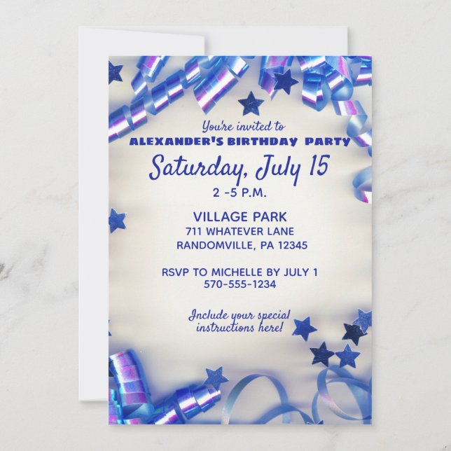 Blue Ribbon & Stars Confetti 18th Birthday Party Invitation (Back)