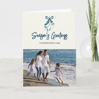 Blue Ribbon tied Mistletoe Card