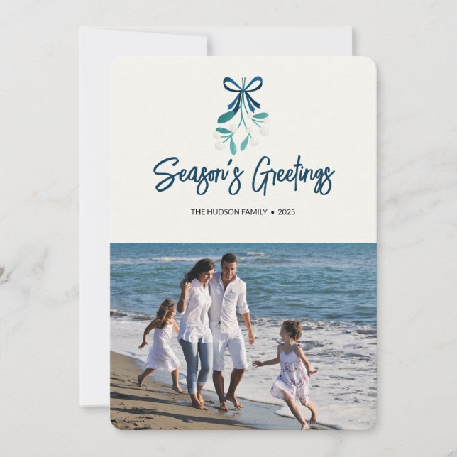 Blue Ribbon tied Mistletoe Holiday Card (Front)