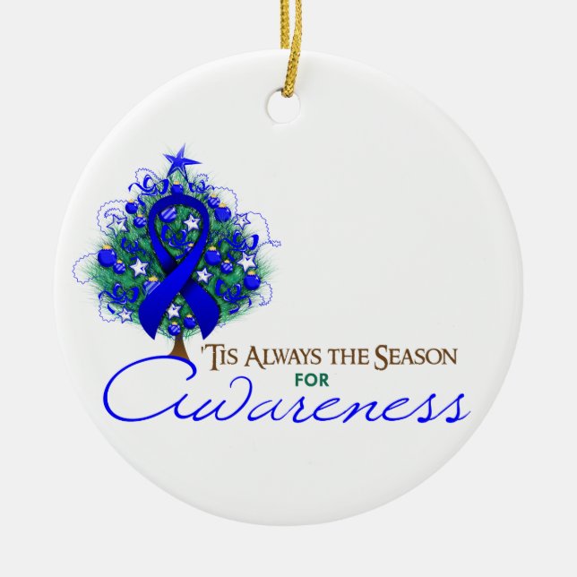 Blue Ribbon Xmas Awareness Season Ceramic Ornament (Front)