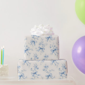 Blue Ribbons and Bows Toile Coquette Pattern  Wrapping Paper
