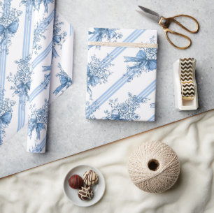 Blue Ribbons and Bows Toile Coquette Pattern  Wrapping Paper