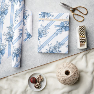 Blue Ribbons and Bows Toile Coquette Pattern  Wrapping Paper