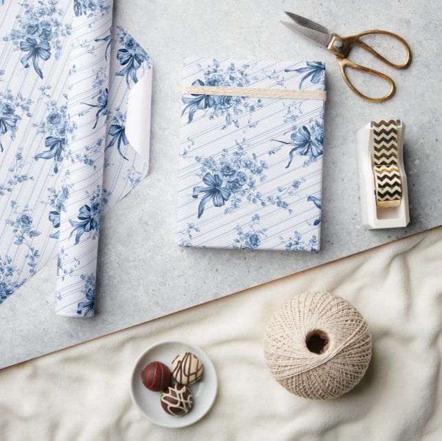 Blue Ribbons and Bows Toile Coquette Pattern  Wrapping Paper (Crafts)
