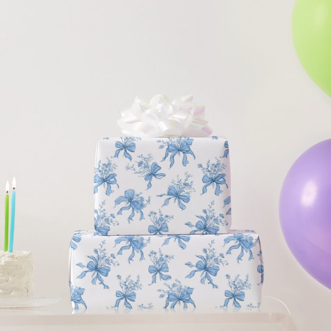 Blue Ribbons and Bows Toile Coquette Pattern  Wrapping Paper (Party Gifts)