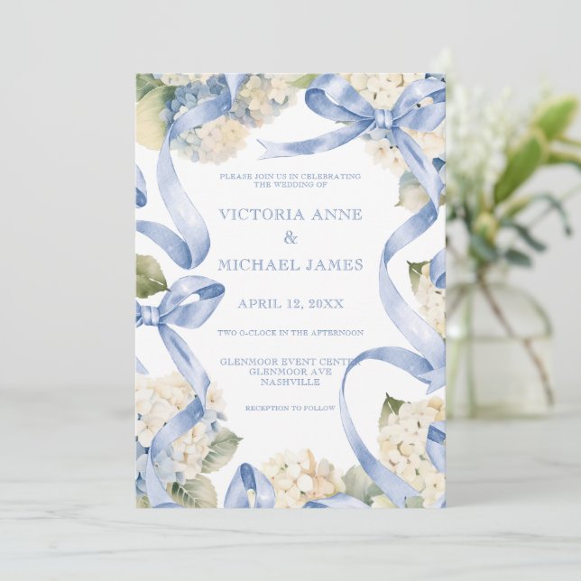 Blue Ribbons & Hydrangeas Elegant Wedding Invitation (Standing Front)