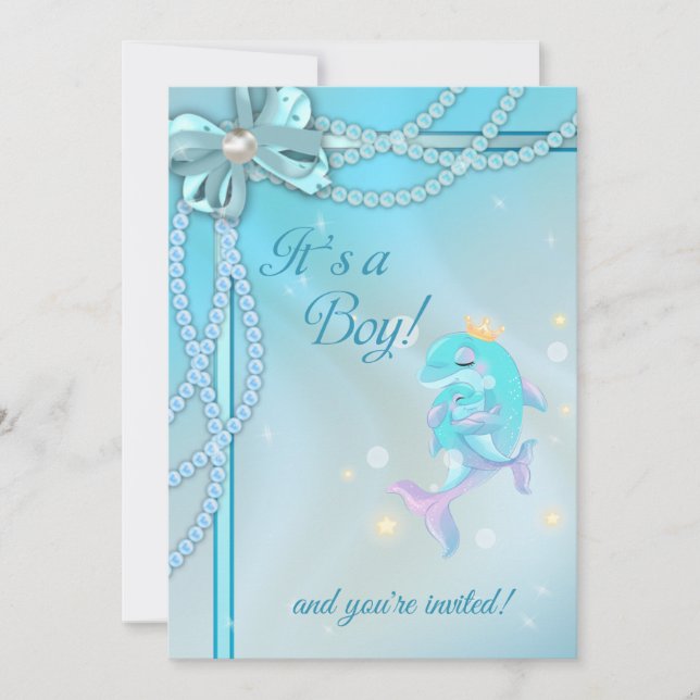 Blue Ribbons Lace Pearls Dolphin Boy Baby Shower Invitation (Front)