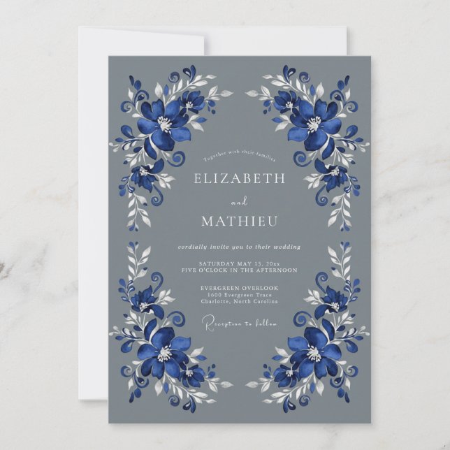 Blue Rich Floral Romance Wedding Invitation (Front)