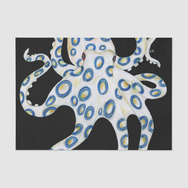 Blue Ring Octopus Black Tentacles Tissue Paper (Front)