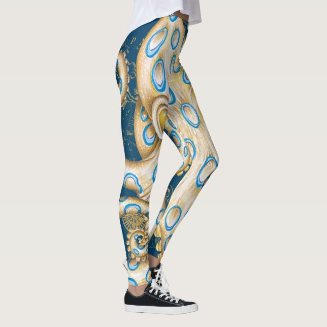 Blue Ring Octopus Indigo Vintage Map Nautical Leggings (Right)