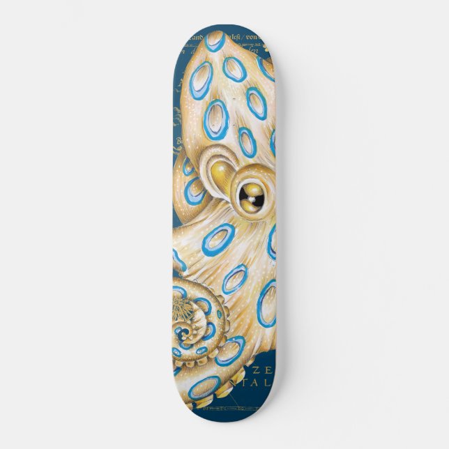 Blue Ring Octopus Indigo Vintage Map Nautical Skateboard (Front)