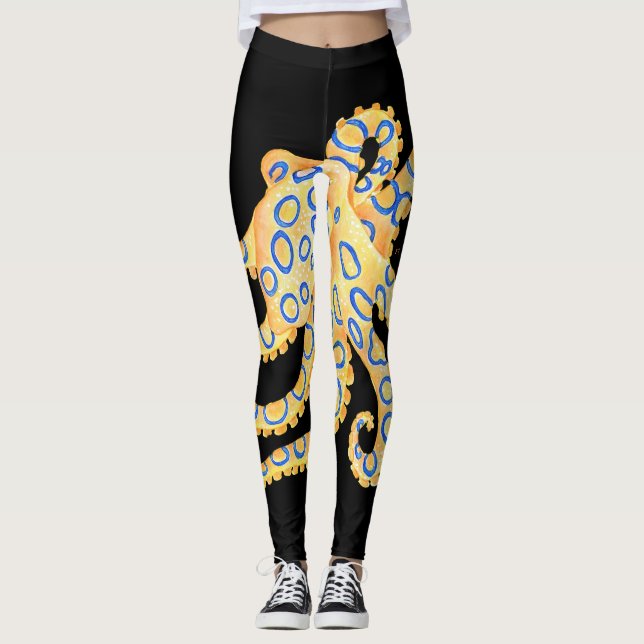 Blue Ring Octopus on Black Leggings (Front)
