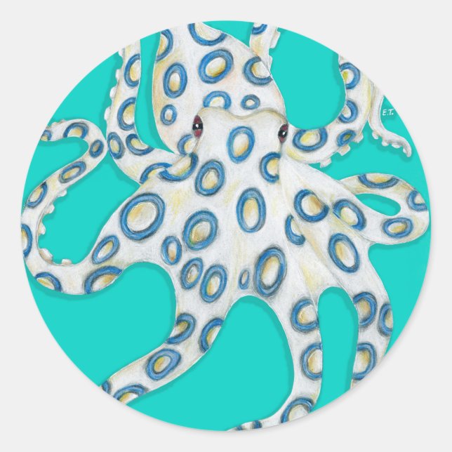 Blue Ring Octopus Teal Art Classic Round Sticker (Front)