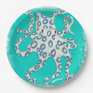 Blue Ring Octopus Teal Art Paper Plate