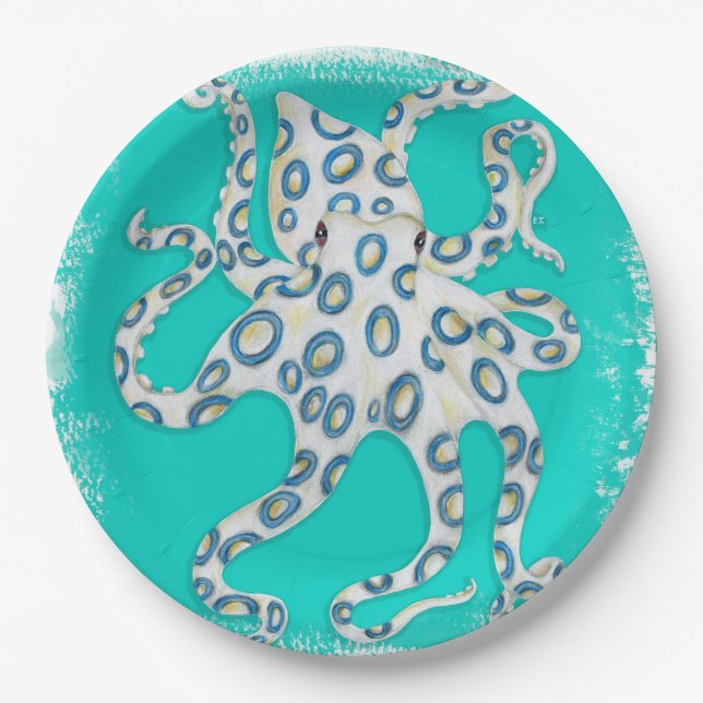 Blue Ring Octopus Teal Art Paper Plate (Front)