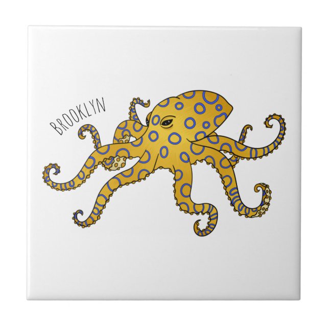 Blue-ringed octopus cartoon illustration  ceramic tile (Front)