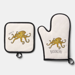 Blue-ringed octopus cartoon illustration oven mitt & pot holder set