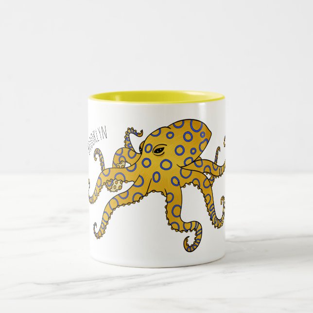 Blue-ringed octopus cartoon illustration Two-Tone coffee mug (Center)