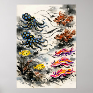Blue-Ringed Octopus Reef Watercolor Art Poster