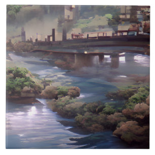 Blue river bridge digital art ceramic tile
