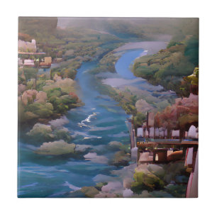 Blue river green trees digital art ceramic tile