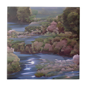 Blue river green trees forests digital art ceramic tile