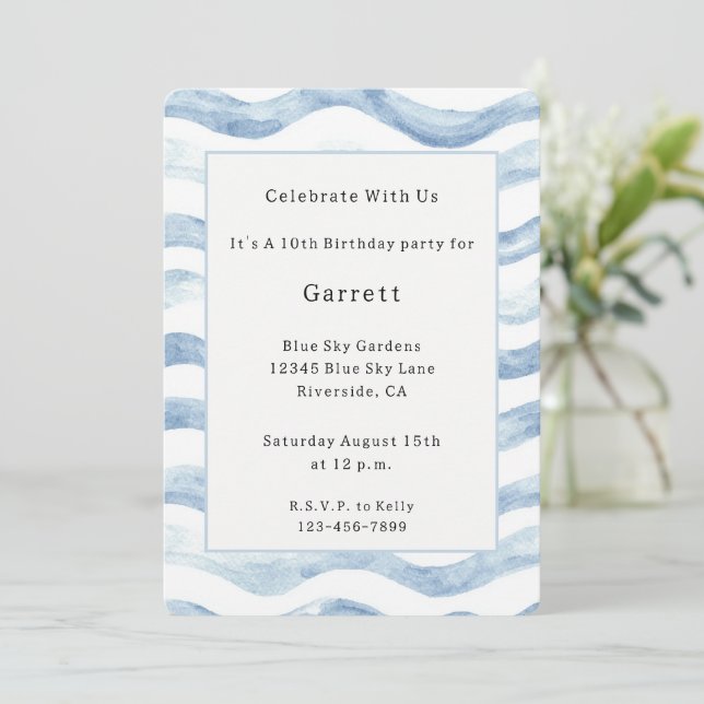 Blue River Stripes Birthday Invitation (Standing Front)