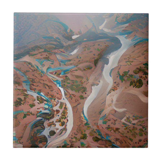 Blue rivers through brown hills digital art ceramic tile (Front)