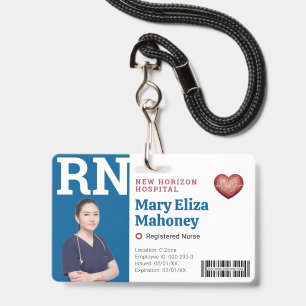 Blue RN Medical Employee Photo ID Badge Barcode QR