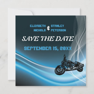 Blue road biker wedding Save the Date announcement