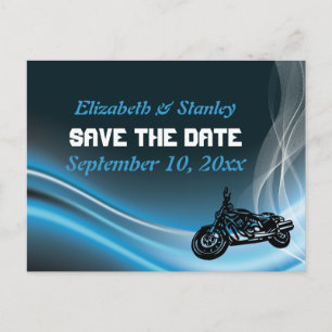 Blue road biker wedding Save the Date postcard