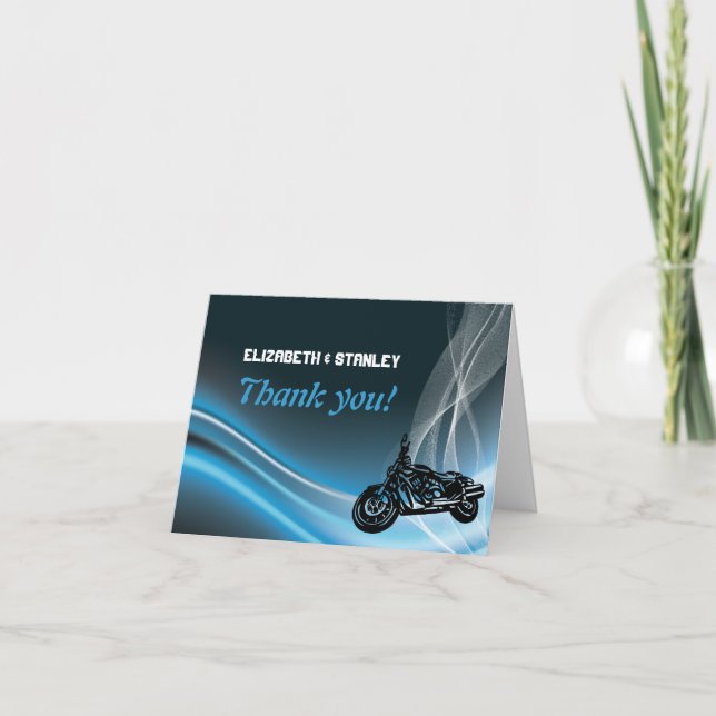 Blue road biker wedding Thank You note card (Front)