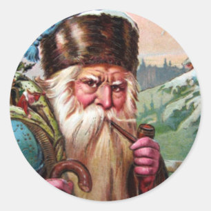 Blue Robe Santa Claus Smoking Pipe - Christmas Classic Round Sticker