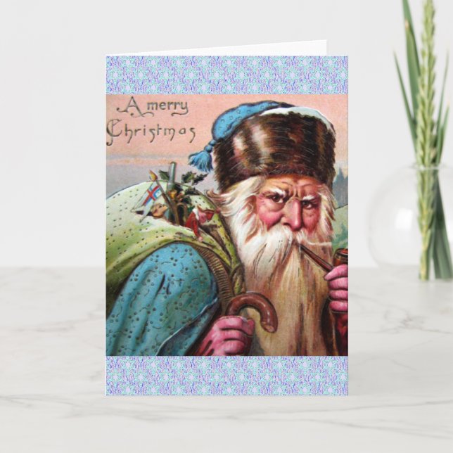 Blue Robe Santa Claus Smoking Pipe - Christmas Holiday Card (Front)
