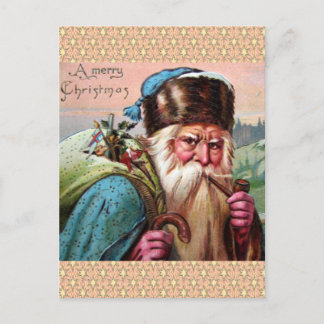 Blue Robe Santa Claus Smoking Pipe - Christmas Holiday Postcard