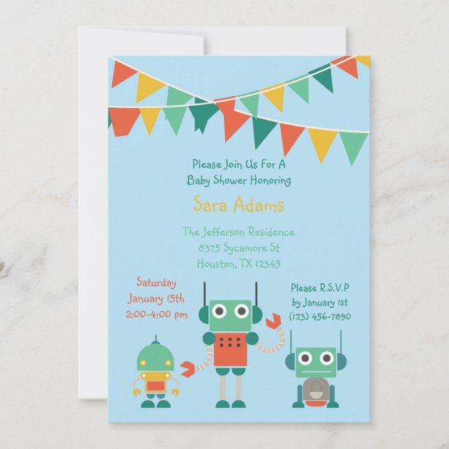Blue Robot 5x7 Baby Shower Invitation (Front)