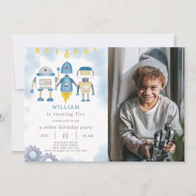 Blue Robot Birthday Invitation With Photo (Front)