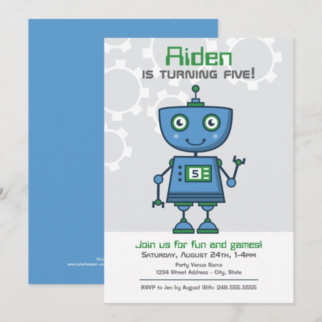 Blue Robot Boy Birthday Party Invitation (Front/Back)