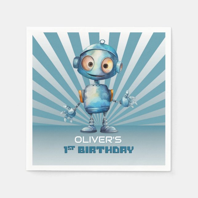 Blue Robot Theme 1st Birthday Napkin (Front)