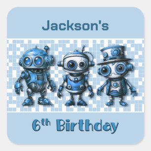 Blue Robot Theme 6th Birthday Invitation Square Sticker