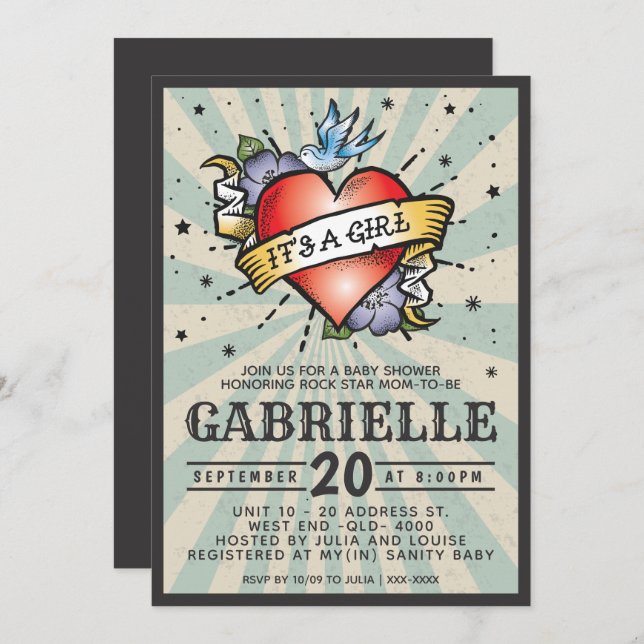 Blue Rock and Roll Tattoo Baby Shower Invitation (Front/Back)