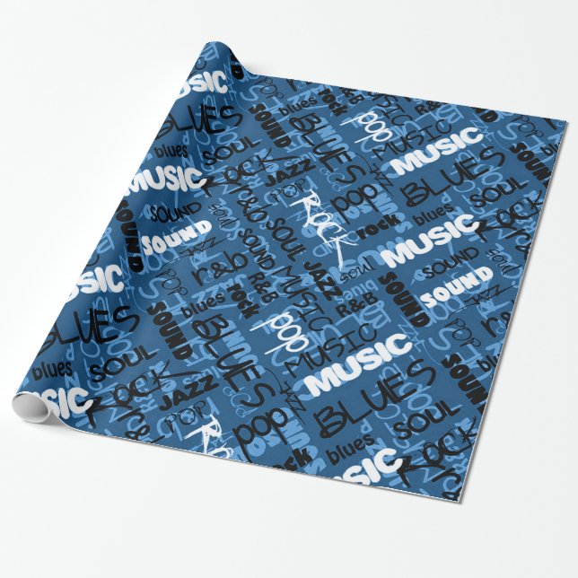 Blue Rock Pop R & B Music Text Wrapping Paper (Unrolled)